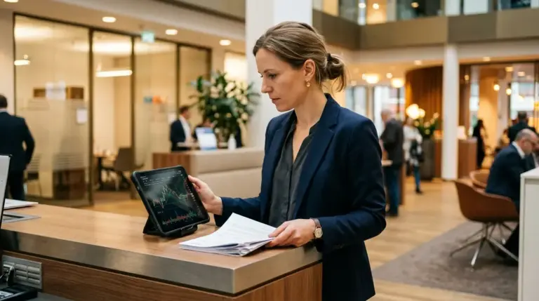 Kryptowährungen, EZB – Kryptowährungen und EZB-Regulierung 2025: Frau in Bankfiliale mit Regulierungsdokumenten