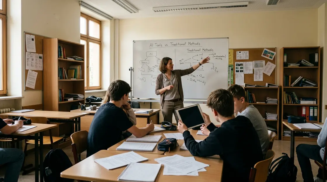 Lehrerin diskutiert mit Schülern über Schulen Technologie und KI im Unterricht