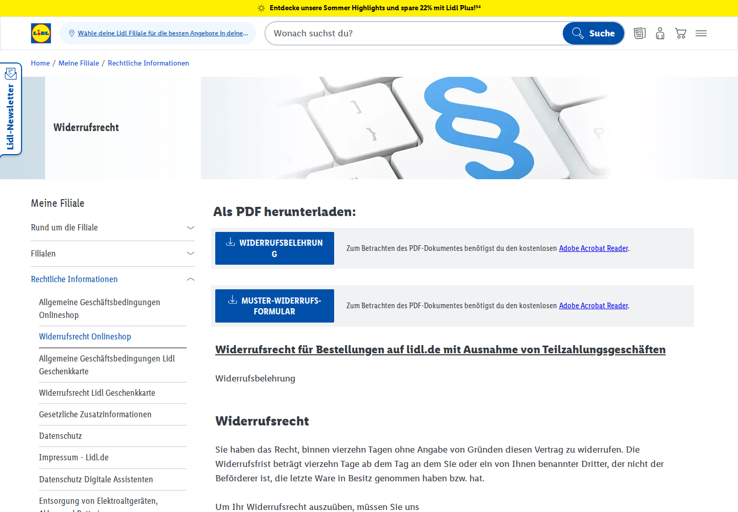 Lidl Onlineshop Screenshot zum Widerrufsrecht