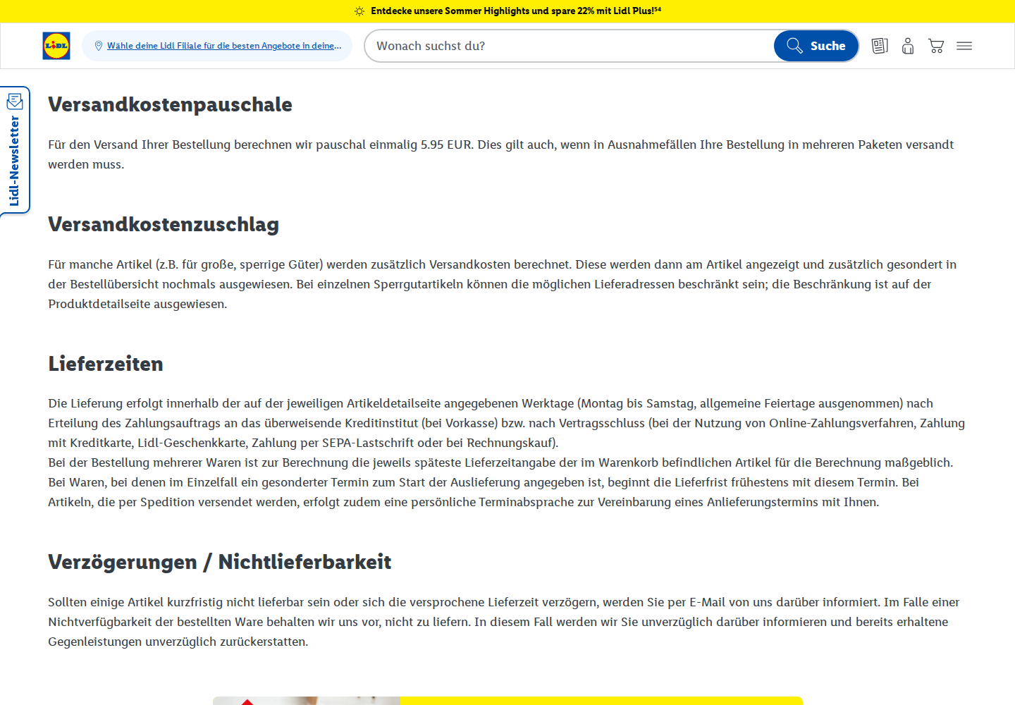 Lidl Onlineshop Screenshot zu Versandkosten und Lieferzeiten