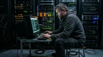 Linux Schwachstelle, Root-Rechte – Administrator im Serverraum prüft Linux-Schwachstelle auf Terminal
