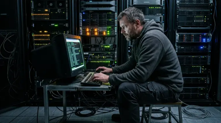 Linux Schwachstelle, Root-Rechte – Administrator im Serverraum prüft Linux-Schwachstelle auf Terminal