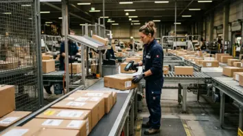 Logistik-Tracking, D2C Differenzierung – Logistik-Tracking an Paketsortierstation für D2C E-Commerce