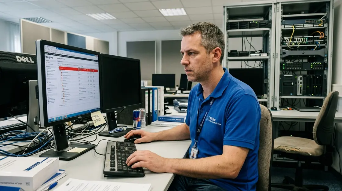 Malware, Mittelstand – IT-Administrator analysiert Malware-Warnung auf Netzwerk-Dashboard im Mittelstandsbetrieb