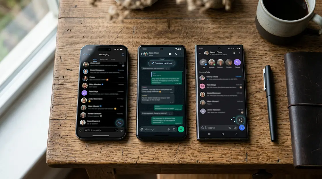 Drei Smartphones nebeneinander zeigen verschiedene Messaging Apps mit Mobile AI Features im Vergleich