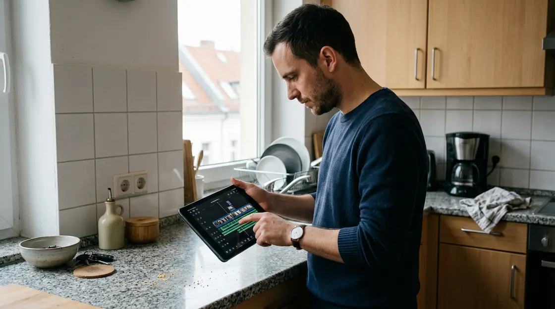 Mann bearbeitet Video in Edits-App von Meta auf Tablet in der Küche