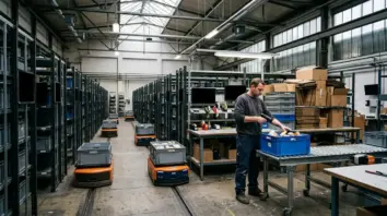 Micro-Fulfillment, Same-Day-Delivery – Automatisiertes Micro-Fulfillment Center mit Robotern und Lagerarbeiter beim Packen