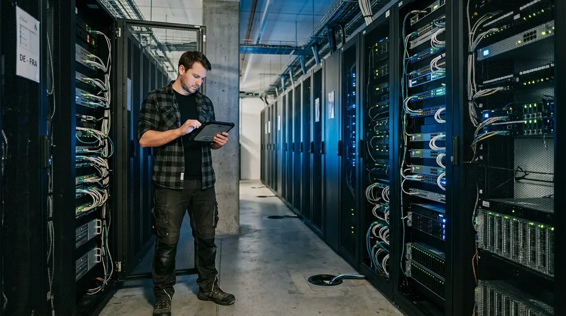 Cloud-Infrastruktur und KI-Marktkonzentration: Azure-Serverraum mit Techniker