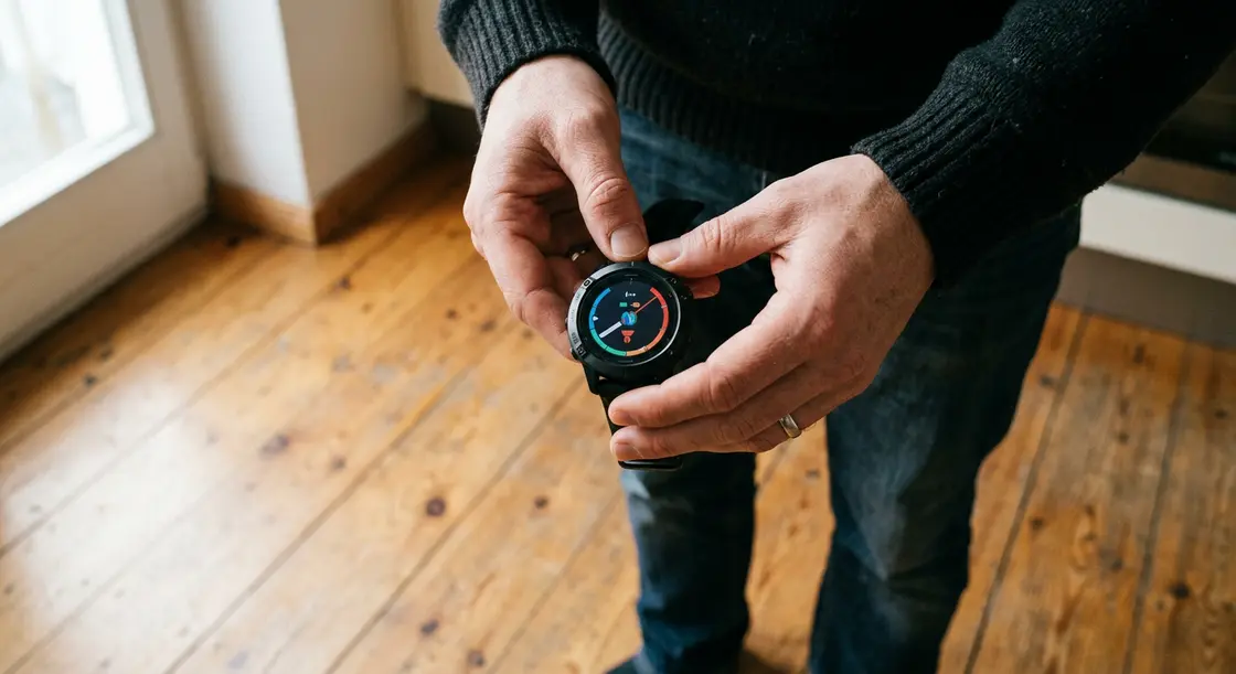 Person hält Garmin Uhr mit Stress-Tracking Display – Wearable Apps mit mentalen Metriken