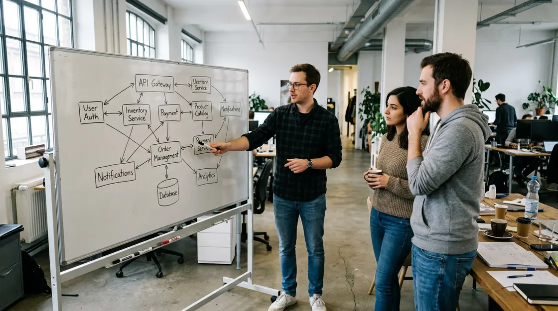 Entwickler-Team diskutiert Microservice-Architektur und Dependency-Analyse am Whiteboard