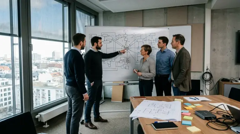 Multi-Agenten-Architektur, Orchestrierung – CIO-Team diskutiert Multi-Agenten-Architektur an Whiteboard