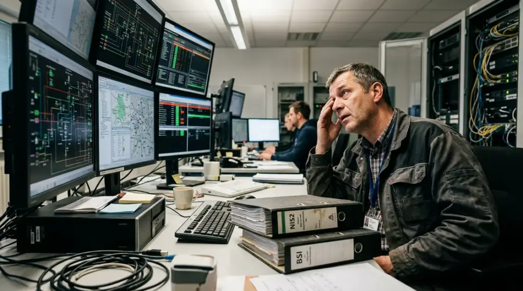 NIS2-Transponierung, BSI-Anforderungen – IT-Administrator in Energieversorger-Leitwarte prüft NIS2-BSI-Anforderungen