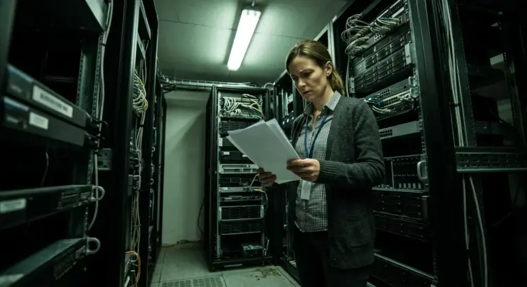 VPN-Leak, NordVPN – IT-Sicherheitsanalystin im Serverraum prüft Bericht zu VPN-Leak bei NordVPN