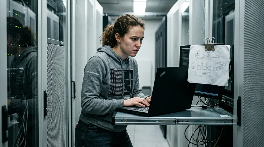Entwickler überwacht KI-Agenten Logs und Observability-Daten im Serverraum