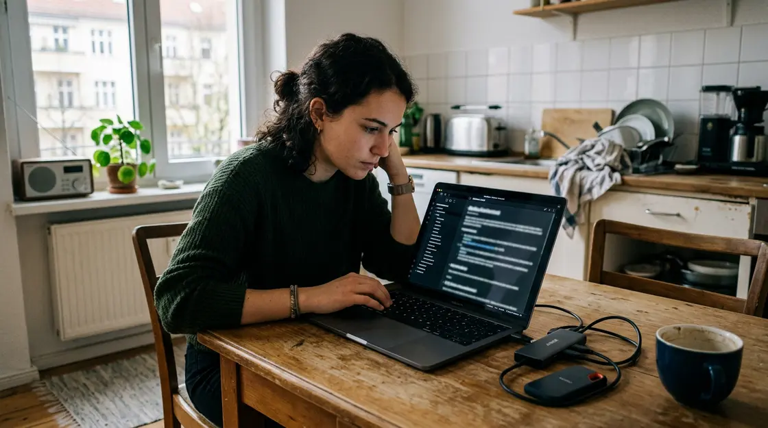 Person am Küchentisch mit Obsidian Vault auf Laptop – lokale KI-Agenten offline Workflow