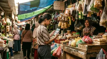 Online-Shopping Verbot, Jugendschutz – Jugendliche mit Smartphone vor indonesischem Marktstand – Online-Shopping Verbot für Jugendliche