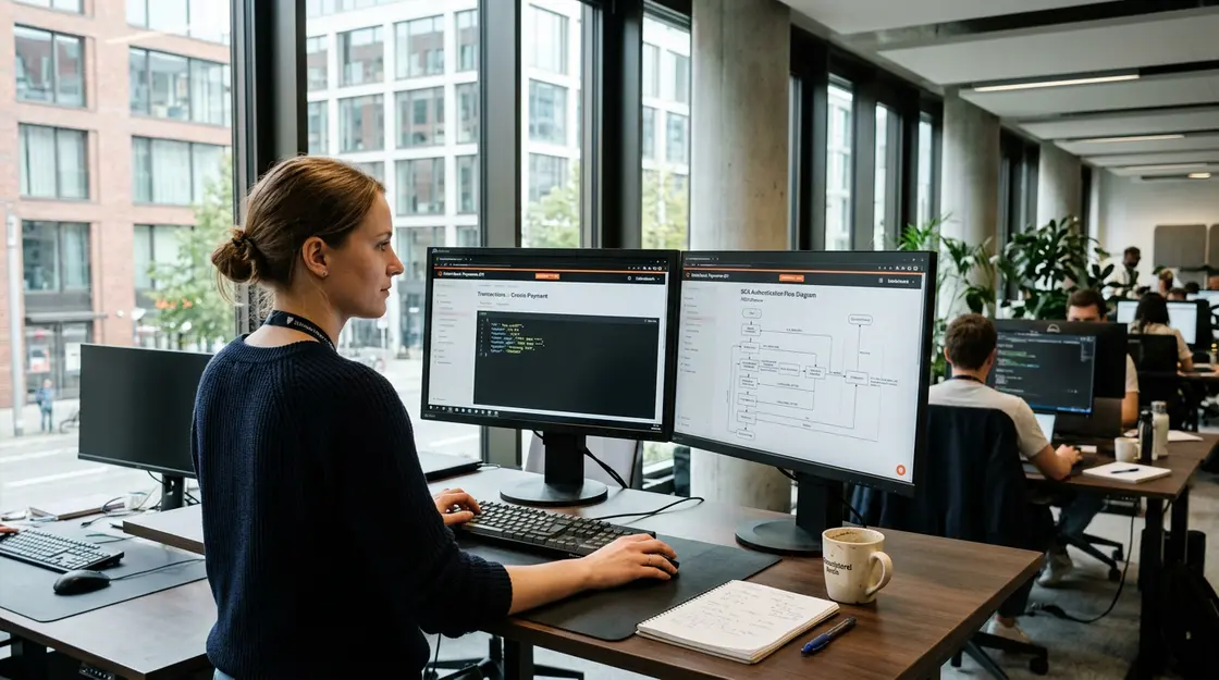 Entwickler integriert Open-Banking-API mit SCA-Flow auf zwei Monitoren