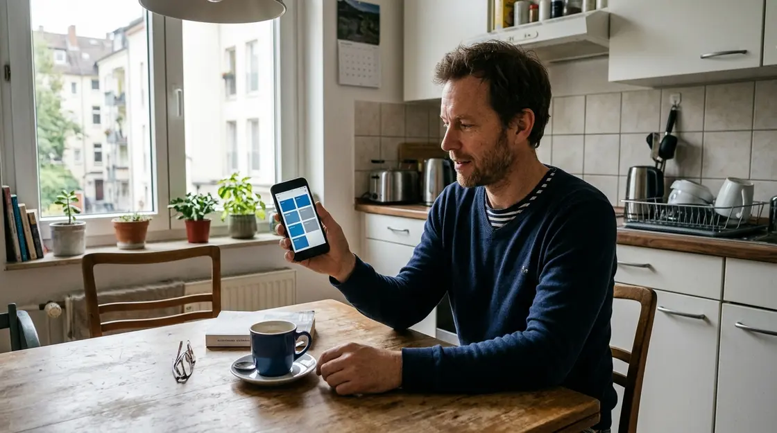 Mann nutzt Open Finance App auf Smartphone am Küchentisch
