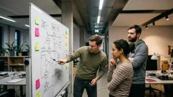 Open-Source KI-Agenten, Enterprise-Grade Framework – Entwickler diskutieren Open-Source KI-Agenten Stack-Architektur an einem Whiteboard