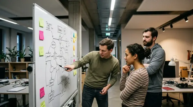 Open-Source KI-Agenten, Enterprise-Grade Framework – Entwickler diskutieren Open-Source KI-Agenten Stack-Architektur an einem Whiteboard