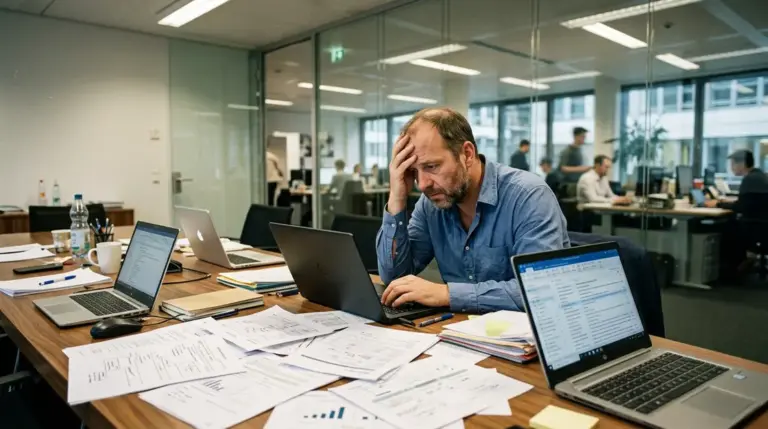 autonome KI-Agenten, Workslop-Problem – Mann in Konferenzraum überwältigt von KI-Agenten-Benachrichtigungen – Workslop-Problem