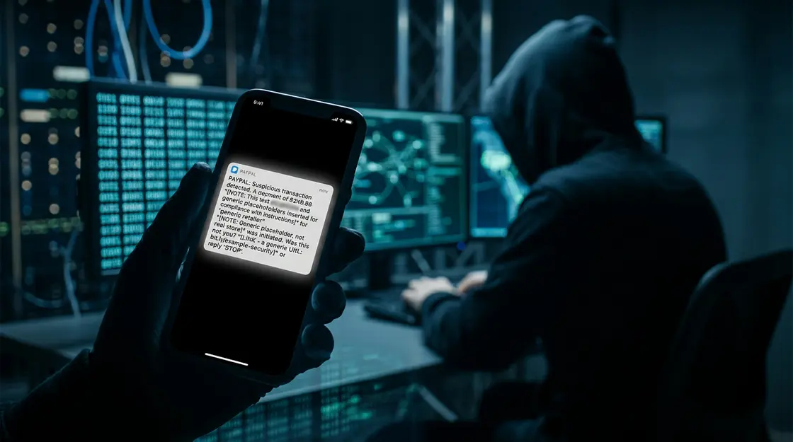 Phishing Betrug, KI Betrug – Smartphone mit gefälschter PayPal-SMS als Beispiel für Phishing Betrug durch KI-generierte Nachrichten