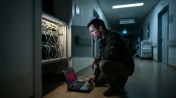 Ransomware, Gesundheitssektor – IT-Administrator vor Serverrack in Krankenhausflur nach Ransomware-Angriff