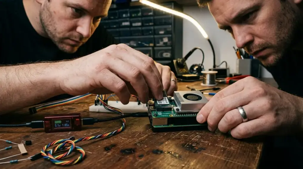 Raspberry Pi, Edge AI – Raspberry Pi 5 mit Hailo AI-Kit auf einer Bastler-Werkbank