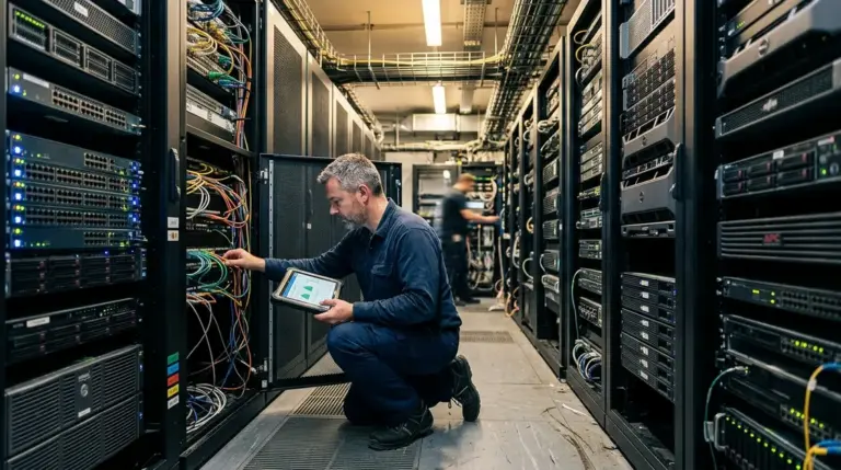 Red Hat, Hybrid Cloud – IT-Administrator prüft Hybrid Cloud Infrastruktur im Serverraum
