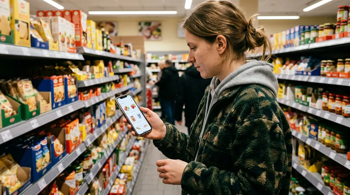 Kunde nutzt Lebensmittel-App im Supermarktgang – Omnichannel im Alltag