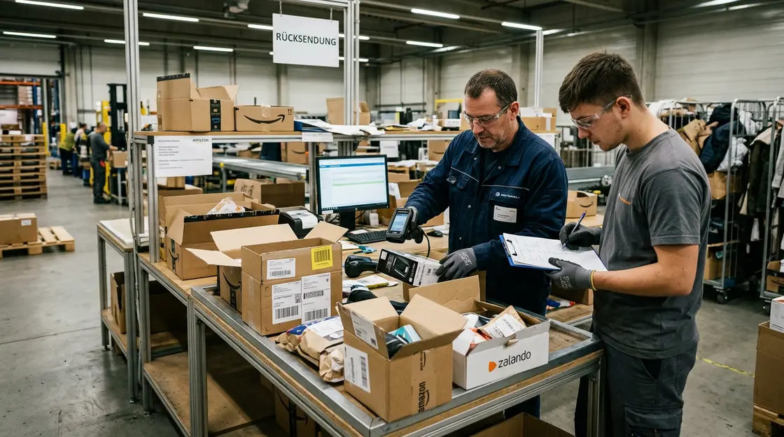 Retourenmanagement: Mitarbeiter prüfen zurückgesendete Pakete an der Bearbeitungsstation
