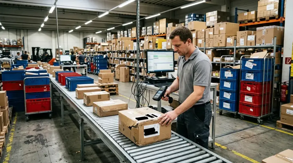 Retourenquote, Retourenmanagement – Mitarbeiter scannt Retouren-Paket im Warenlager – Retourenmanagement E-Commerce