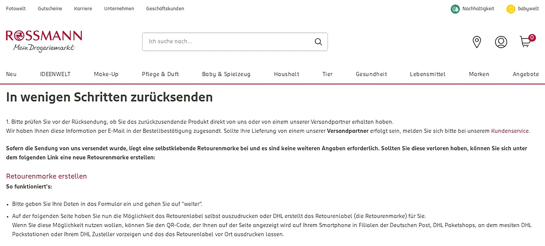 Rossmann Online-Shop Screenshot des Rücksendezentrums