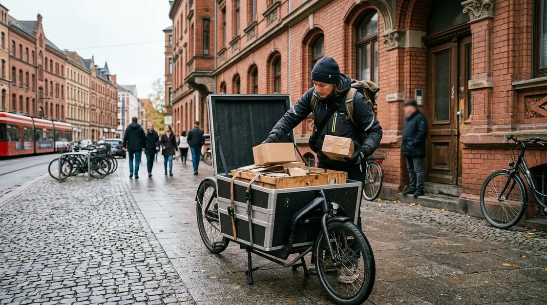 Fahrradkurier liefert Same-Day-Delivery Pakete in der Innenstadt aus