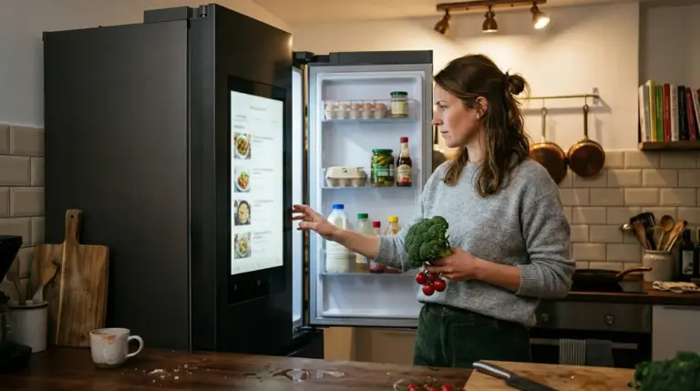 Samsung Bespoke, Smart Fridge – Samsung Bespoke AI Family Hub Kühlschrank mit Gemini-Display in einer modernen Küche