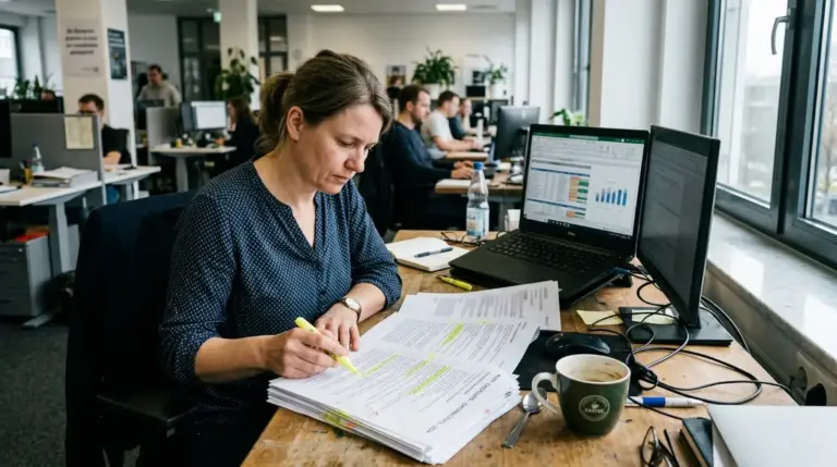 Shadow-KI, AI-Act-Compliance – IT-Fachkraft prüft Shadow-KI-Audit-Unterlagen am Schreibtisch für AI-Act-Compliance