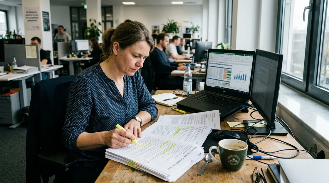 Shadow-KI, AI-Act-Compliance – IT-Fachkraft prüft Shadow-KI-Audit-Unterlagen am Schreibtisch für AI-Act-Compliance