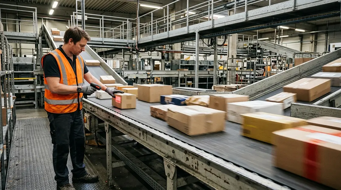 Pakete auf Förderband in deutschem Paketzentrum – Temu Shein Logistik
