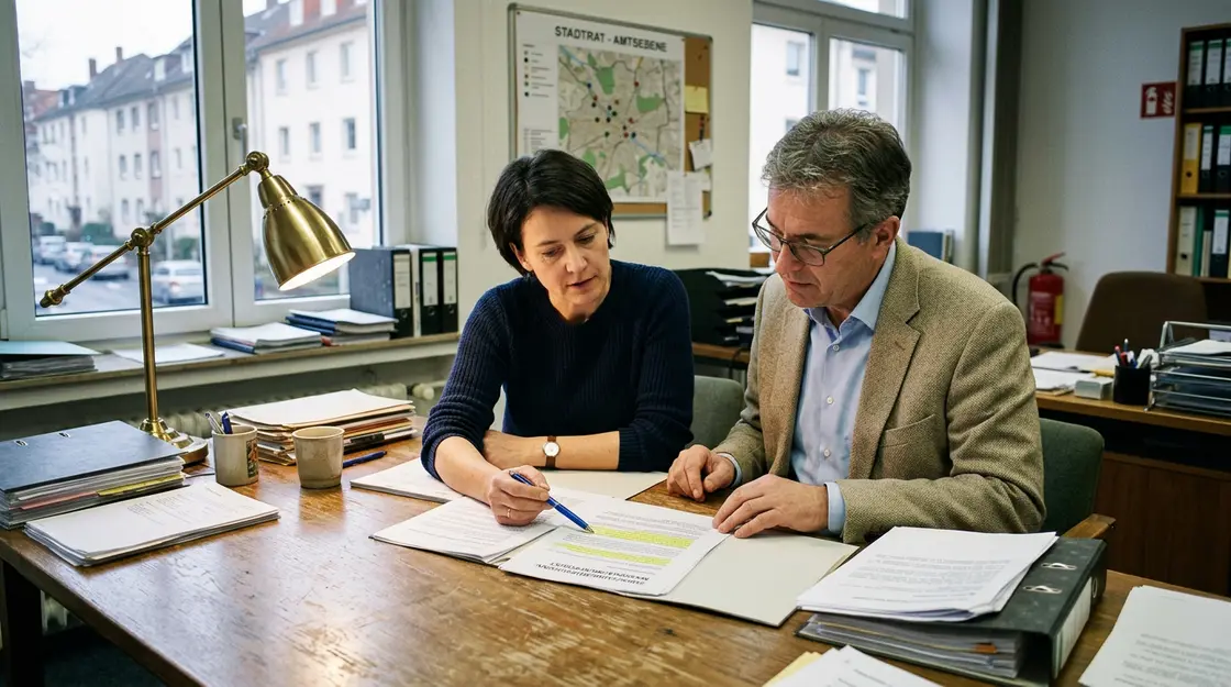 Behördenmitarbeiter prüfen AI Act Compliance-Unterlagen für Smart City Projekte