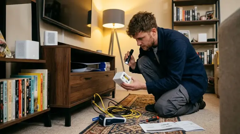Smart Router, KI-Mesh – Smart Router Mesh-Knoten werden in einem Wohnzimmer installiert und verkabelt