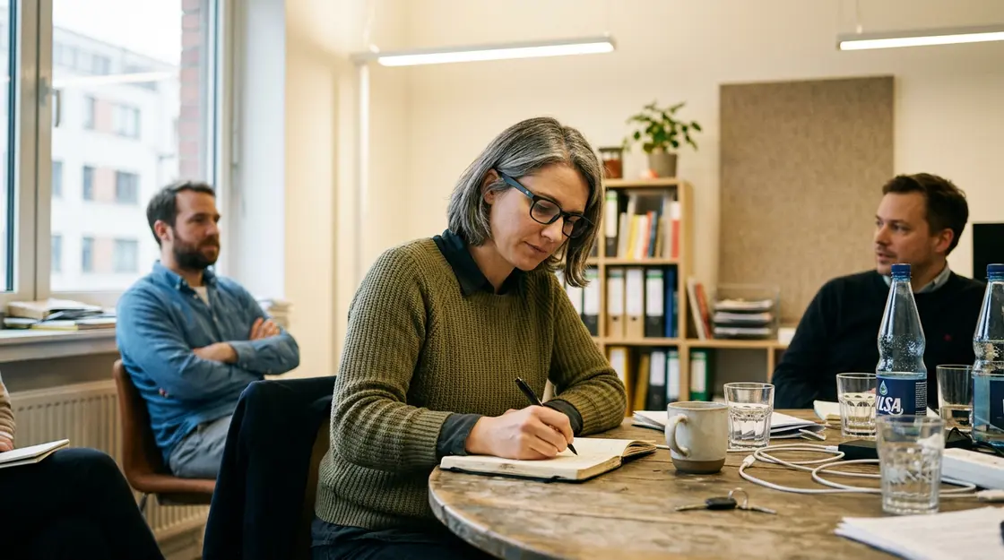 Person mit smarter Brille in Besprechungsraum macht Notizen