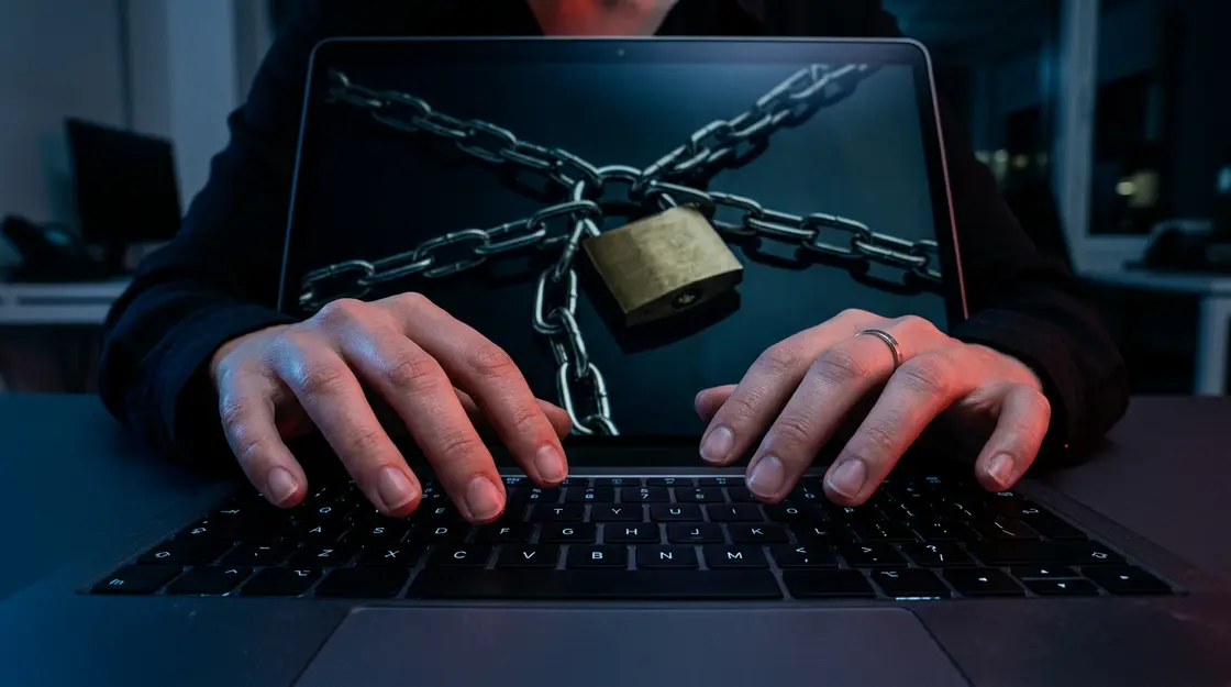Laptop mit Verschlüsselungs-Symbolik – Sorry-Ransomware nach cPanel-Kompromittierung