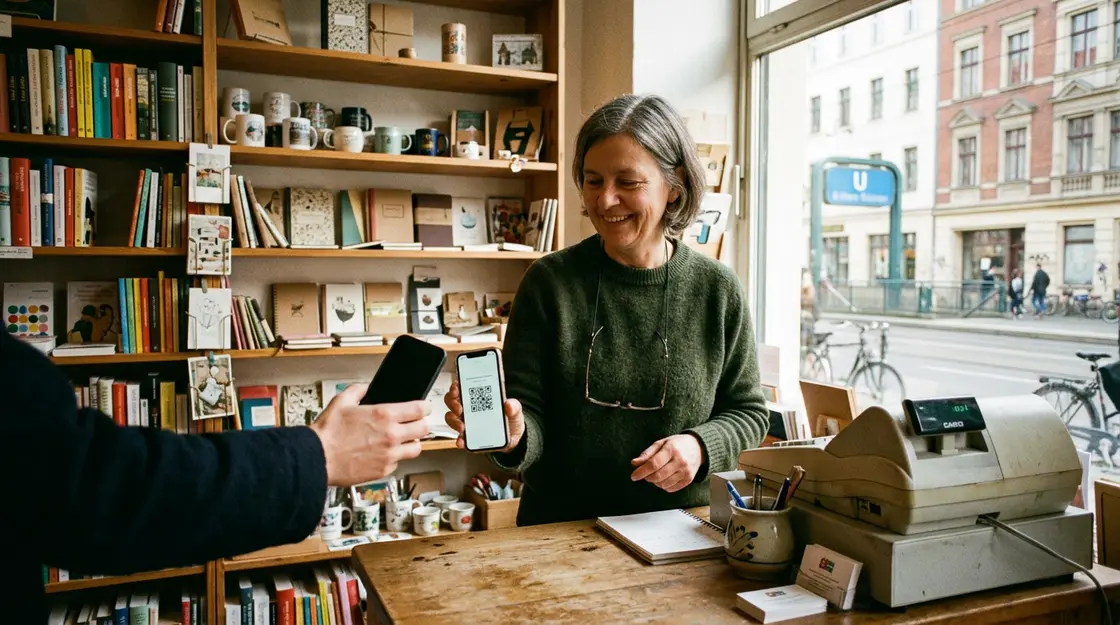 Händler nutzt Euro-Stablecoin Zahlung via Smartphone-QR-Code an der Kasse