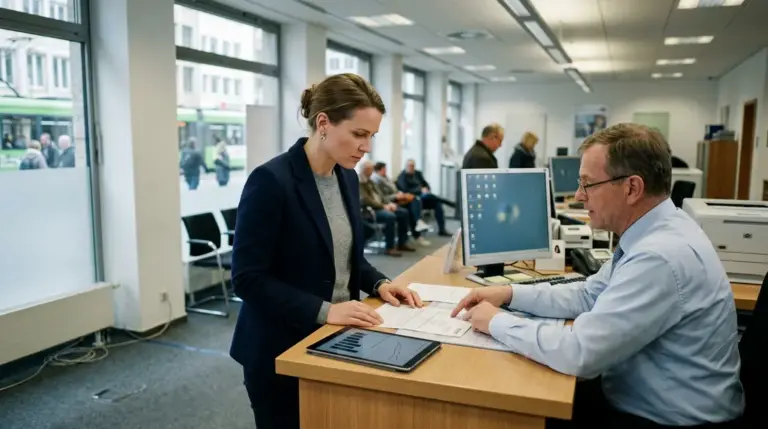 Tagesgeld, FinTech Zinsen – Frau vergleicht Tagesgeld- und FinTech-Zinsen in einer Bankfiliale