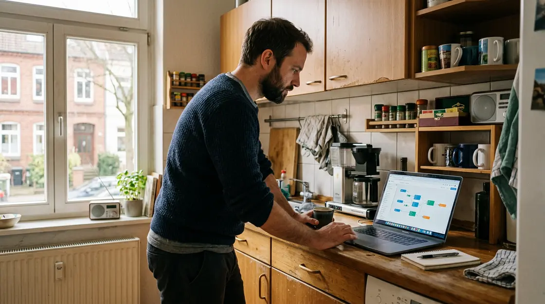 Entwickler baut Telegram KI-Bot Workflow in der Küche am Laptop