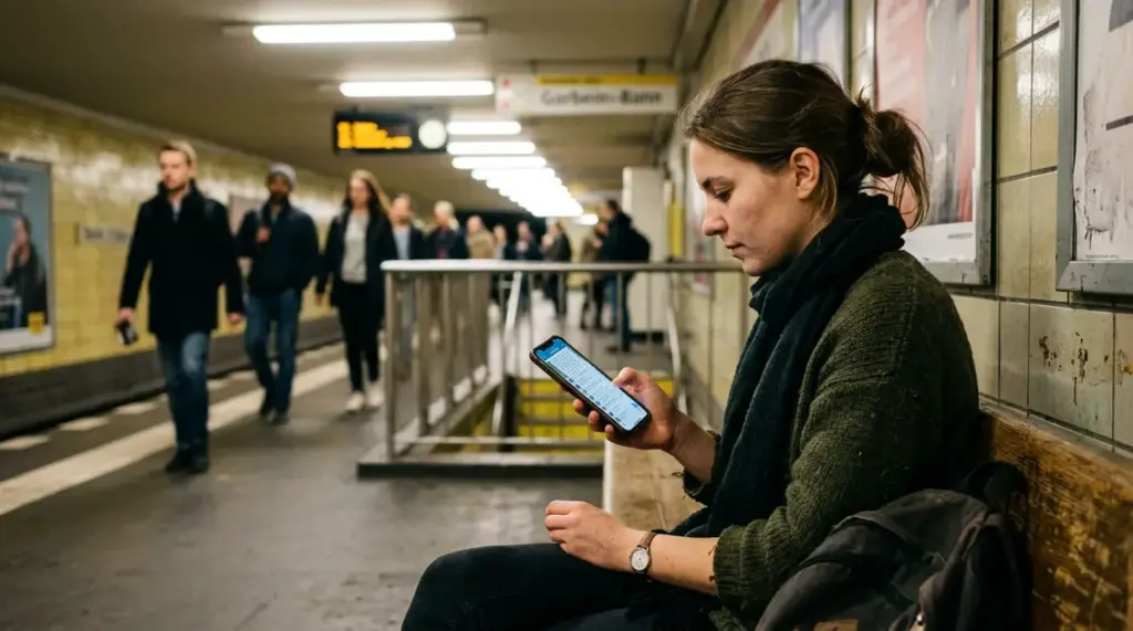 Telegram KI-Bot, Auto-Summary – Frau liest Telegram Auto-Summary auf dem Smartphone in der U-Bahn
