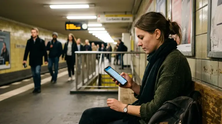 Telegram KI-Bot, Auto-Summary – Frau liest Telegram Auto-Summary auf dem Smartphone in der U-Bahn