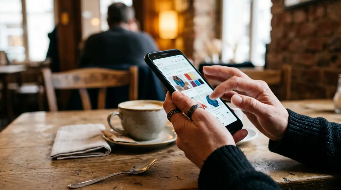 Person vergleicht Preise auf Smartphone-Shopping-App im Café
