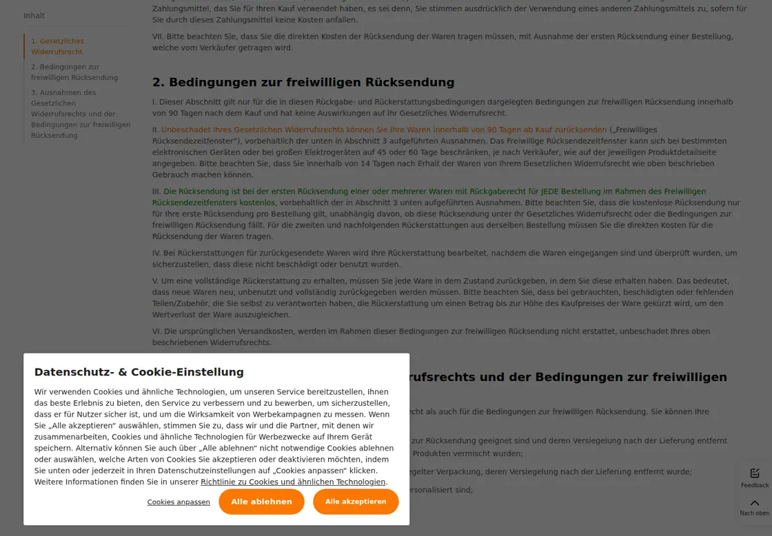 Temu Online-Shop Screenshot der Rückgabe und Rückerstattungspolitik