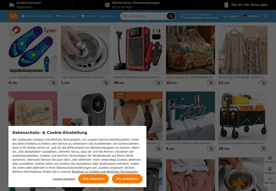 Temu Online-Shop Screenshot der Startseite mit Produktkacheln und Rabatten
